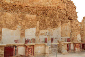 Ruins of columns at fortress Masada Northern Palaces lower terrace in Israel