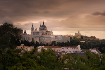 Fototapeta na wymiar Far look from the Almudena Cathedral in Madrid, Spain.