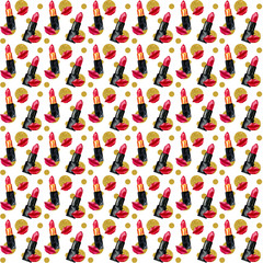 Watercolor seamless pattern with make-up elements, lipstick and lips.