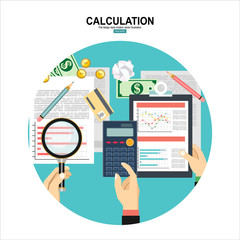 Calculation concept. Businessman, accountant . Flat design, Vector Illustration. Financial calculations, statistics, data analytics, planning, report.