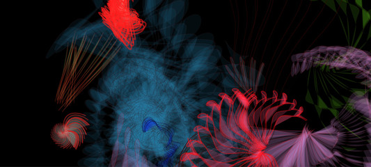 Colorful wireframe structure formed by the interweaving of smoothly curved lines. A complex plexus backdrop resembling a fractal pattern. Crazy art concept.	