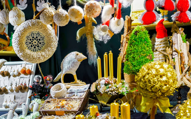 Christmas Handmade souvenirs Decorations on Christmas Market at Riga, Latvia. Advent Fair, and...