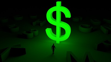 3D illustration of an illuminated dollar symbol  and a man standing in front of it