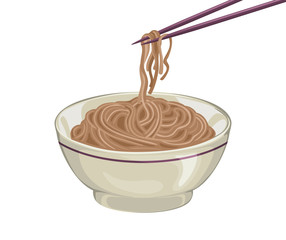 Buckwheat noodles in bowl and chopsticks are holding soba isolated on white background. Vector illustration of cooked soba noodles in cartoon simple flat style. Japanese food.
