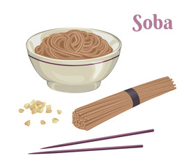 Soba set. Raw and boiled  buckwheat soba noodles in bowl isolated on white background. Vector illustration of japanese food, buckwheat grains and chopsticks in cartoon simple flat style.