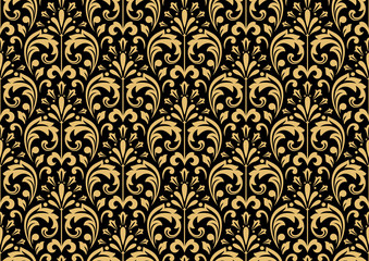 Floral pattern. Vintage wallpaper in the Baroque style. Seamless vector background. Gold and black ornament for fabric, wallpaper, packaging. Ornate Damask flower ornament