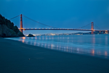 Golden Gate Bridge and San Francisco from Kirby Cove beach at blue hour