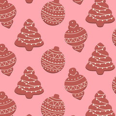 Vector christmas tree baubles pattern cookie background pink