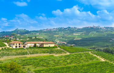Fototapeta na wymiar Typical Italian landscape, Piedmont area, green fields, hills and villages
