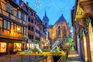 Colmar city, Alsace, France, illuminated for Christmas - obrazy, fototapety, plakaty