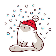 Cute ragdoll cat in a red hat watching snowfall. Design for print (t-shirt, poster, greeting card, sticker). Hand drawn vector illustration. Isolated on black background.