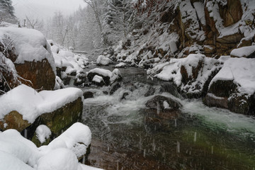 Waterfall in a snow-covered winter forest in the Ukrainian Carpathians.