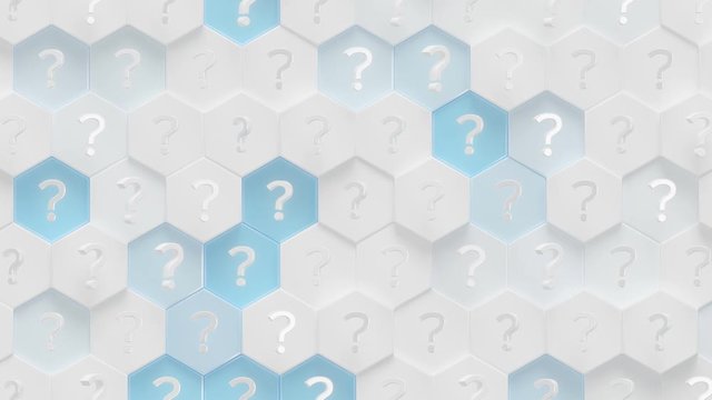Question Marks Hexagon Surface Loop 1 Blue x White: popular animation of question marks over  hexagon shapes. Hexagonal grid pattern in gloss white and sky blue. Question mark symbol. 4K