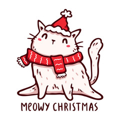 Kawaii white cat in a red santa hat and scarf looking cheerful and festive, Meowy Christmas lettering. Design for print (greeting card, sticker, t-shirt, poster). Isolated on white background.
