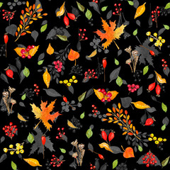 Seamless pattern with leaves, flowers and berries, watercolor illustration on a black background