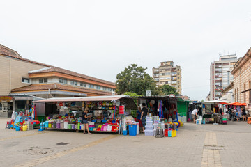 Kikinda, Serbia - July 26, 2019: A street market in downtown Kikinda, Serbia.