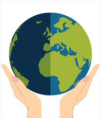 Human hands holding globe on it environmental care and social responsibility flat poster vector illustration