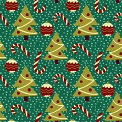 Christmas pattern with Christmas tree, candy, ball and snow on a blue background. Holiday vector illustration. 