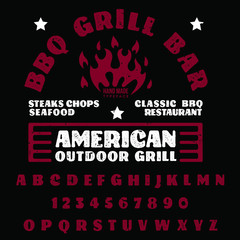 Hand drawn vintage retro font. Outdoor advertising of American restaurants and eateries inspired typeface. Textured unique brush script style alphabet. Letters and numbers. Vector Illustration.