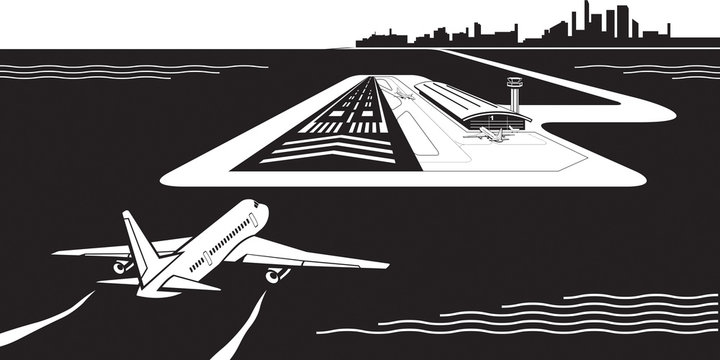 Airport on artificial island in the sea - cector illustration