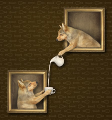 The beige dog is leaning out of the picture and pouring a cup of milk to another dog at the art...