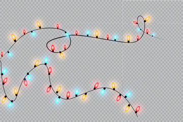 Glowing Christmas lights isolated realistic design elements. Garlands, Christmas decorations lights effects.