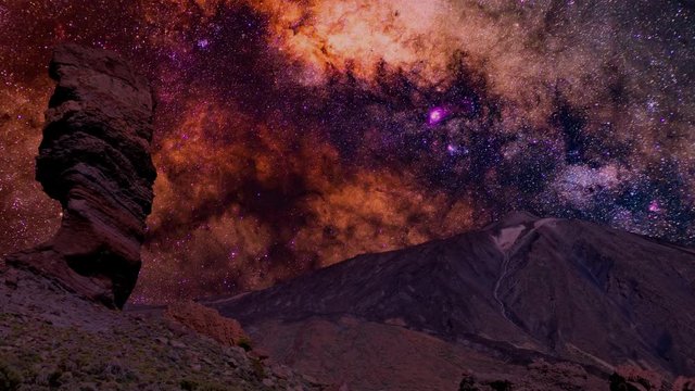 Roque Cinchado and Mount Teide Tenerife against a purple, red and orange milky way with shooting stars.