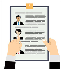 Human resources management concept, searching professional staff, work, analyzing resume, documents papers, magnifying glass. vector illustration in flat design