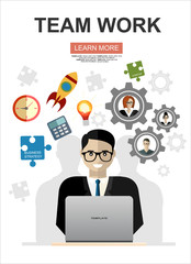 Successful teamwork. Businesspeople, man and woman, standing together in teamwork. Flat illustration concepts for web banners, web sites, printed materials, infographics.