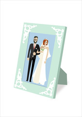Wedding couple in frame vector illustration.