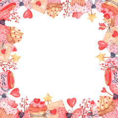 Square watercolor frame with an envelope, cakes with cream and hearts, twigs, keys, candies for decoration of holidays, scrapbook paper, cards, textiles, wallpaper, embroideries and any design