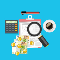 Obraz premium Auditor work desk, accounting paperwork, business research, financial audit, auditing tax process, research report,vector