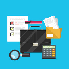 Auditor work desk, accounting paperwork, business research, financial audit, auditing tax process, research report,vector