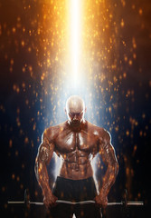 Fototapeta na wymiar Fit athlete man with barbell in fire. Energy and power. Strong muscular guy bodybuilder. Sport and fitness motivation. Individual sports recreation.