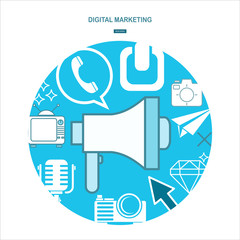 Digital marketing concept. Social network and media communication. SEO, SEM and promotion.