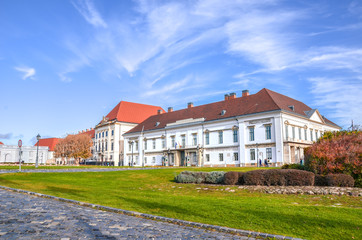 Fototapeta na wymiar Castle district in Hungarian capital city. Sandor Palace building, a seat of the Hungarian president, in the background. Buda Castle courtyard. Eastern European city