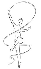 Rhythmic gymnastics. Silhouette of a girl with a ribbon. Beautiful gymnast. The woman is slim and young. Vector illustration
