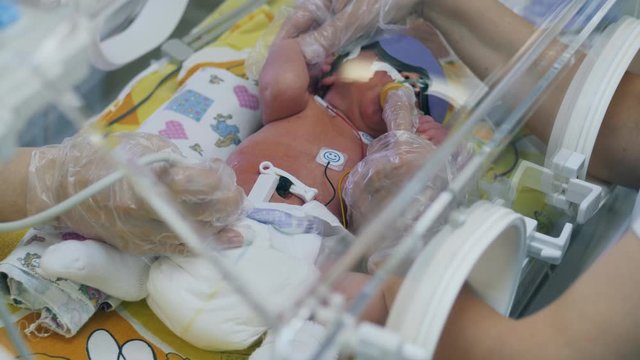 Clinic workers check baby in incubator.