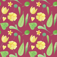 seamless pattern with cute watercolor illustration of stylized flowers.