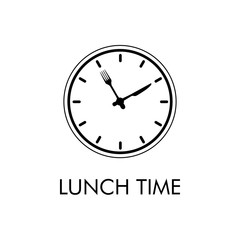 Logotipo con texto Lunch Time. Icono plano lineal con reloj con cubiertos en color negro