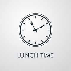 Logotipo con texto Lunch Time. Icono plano lineal con reloj con cubiertos en fondo gris