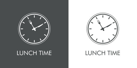 Logotipo con texto Lunch Time. Icono plano lineal con reloj con cubiertos en fondo gris y fondo blanco © teracreonte