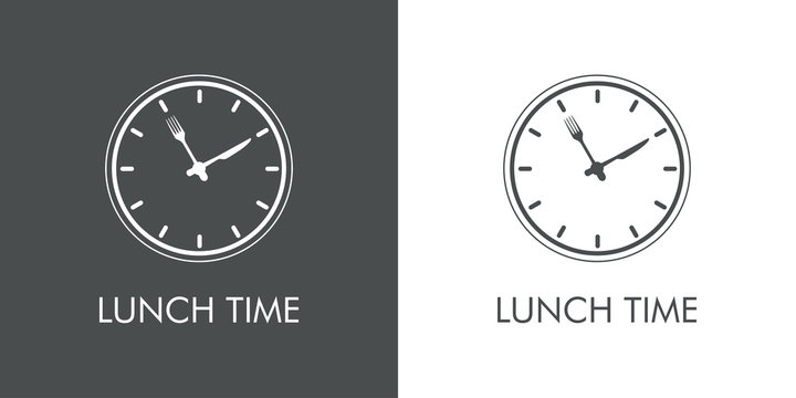 Logotipo con texto Lunch Time. Icono plano lineal con reloj con cubiertos en fondo gris y fondo blanco