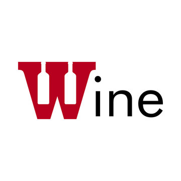 Logotipo palabra Wine con botella de vino en W en color granate