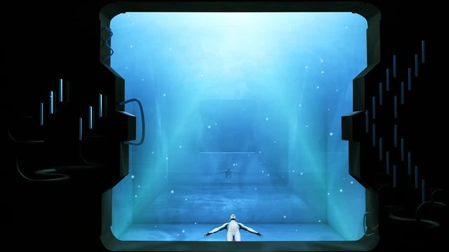 Clone human is suspending in a pool where the camera watch through a porthole. Abstract Futuristic Concept with a humanoid. 3d rendering.