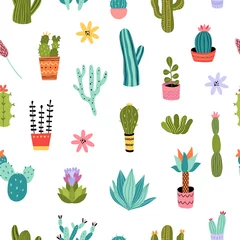 Tapeten Kakteen nahtlose Muster. Vektorhintergrund mit bunten Sukkulenten und Kaktus. Grafik-Wiederholungsdesign mit botanischem Thema © redchocolatte