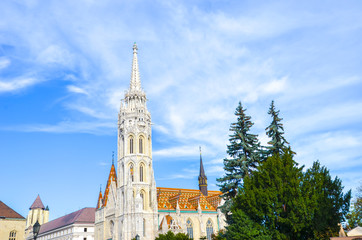 Spire of the famous Matthias Church in Budapest, Hungary. Roman Catholic church built in the Gothic...