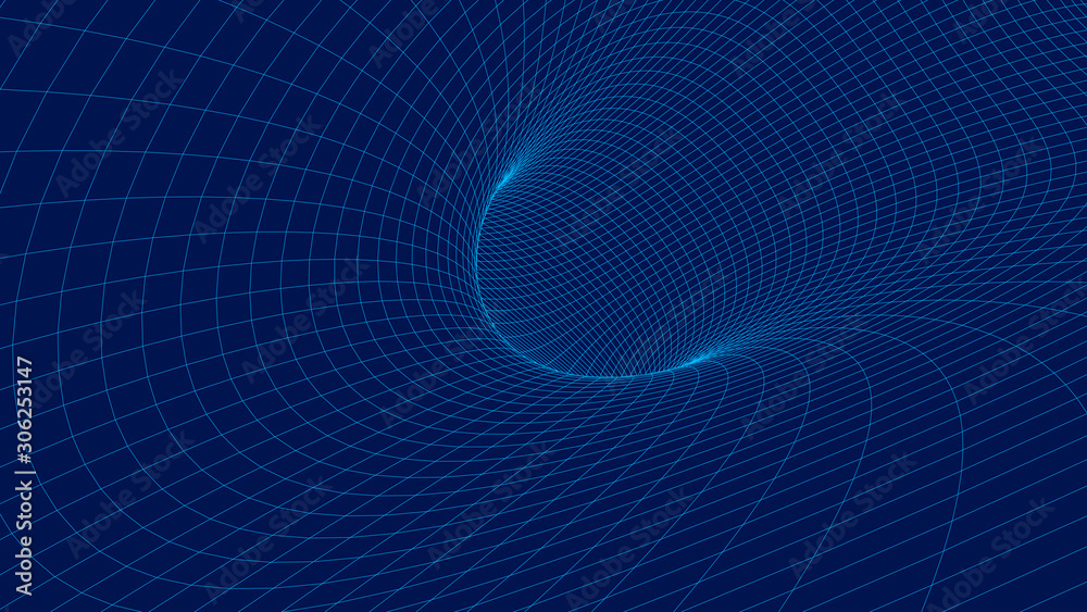 Poster vortex. vector perspective curved grid. wireframe abstract tunnel. 3d vector wormhole with a mesh st