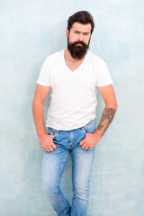 perfect male. sexy brutal macho gray background. Male temper brutality. bearded man radiate...