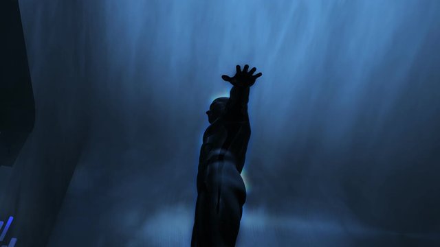 Abstract 3d rendering of male humanoid is standing on a floor of futuristic pool before transportation portal to future!